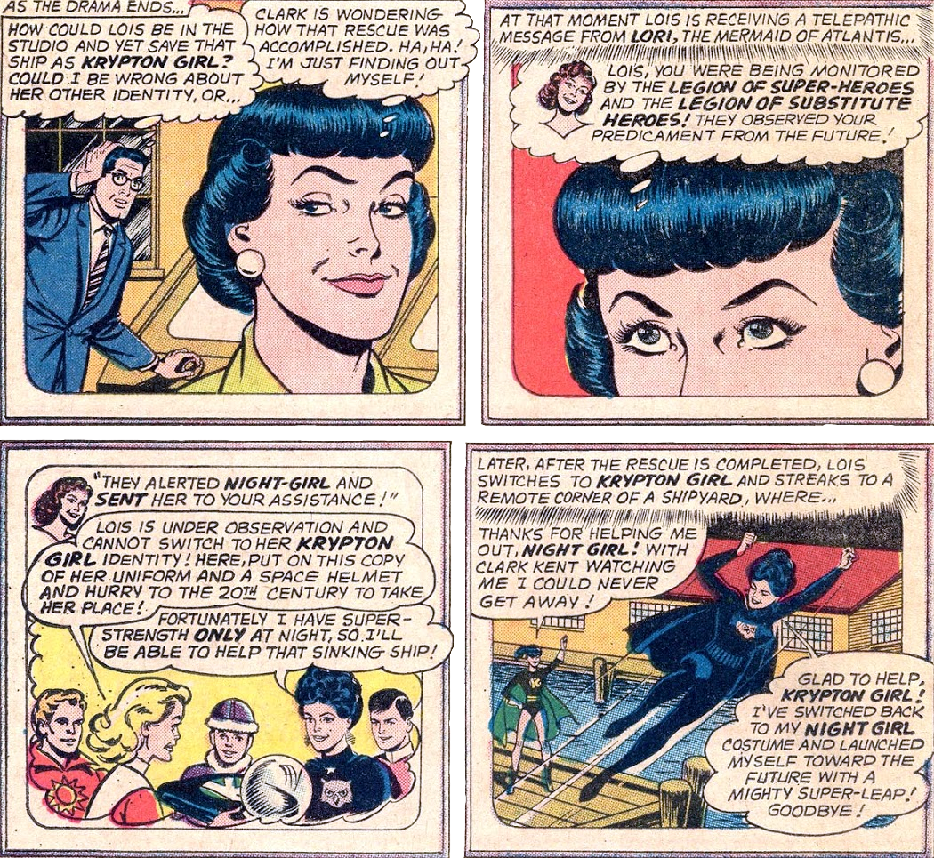 Night Girl helps Krypton Girl keep her secret identity